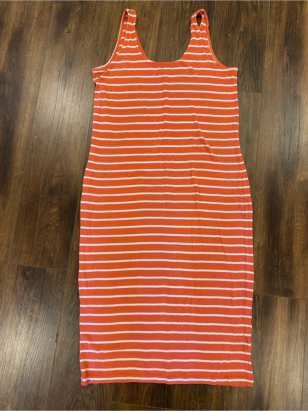 Midi tank top dress size large orange and white stretchy ribbed
